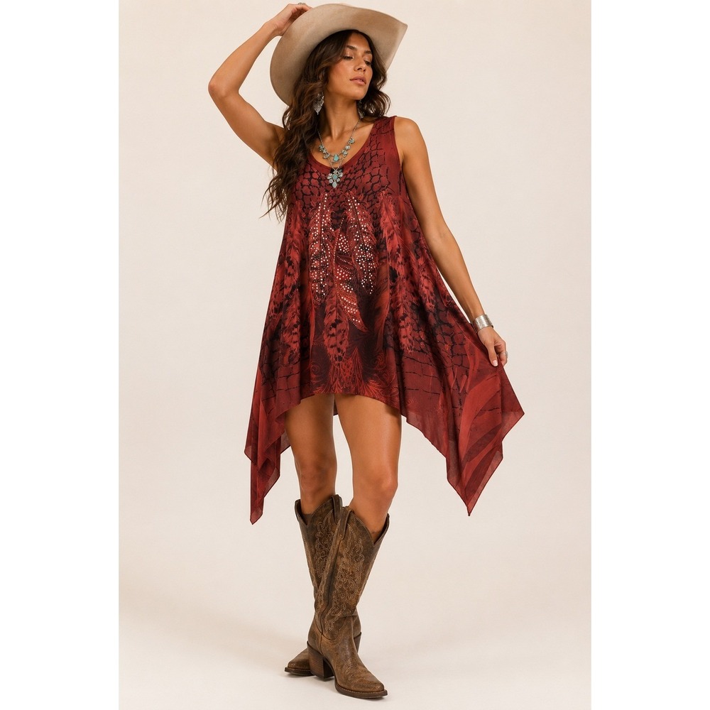Jostar Feather Print Rhinestone Western Shirt Dress XL Boho Y2K Festival Boho